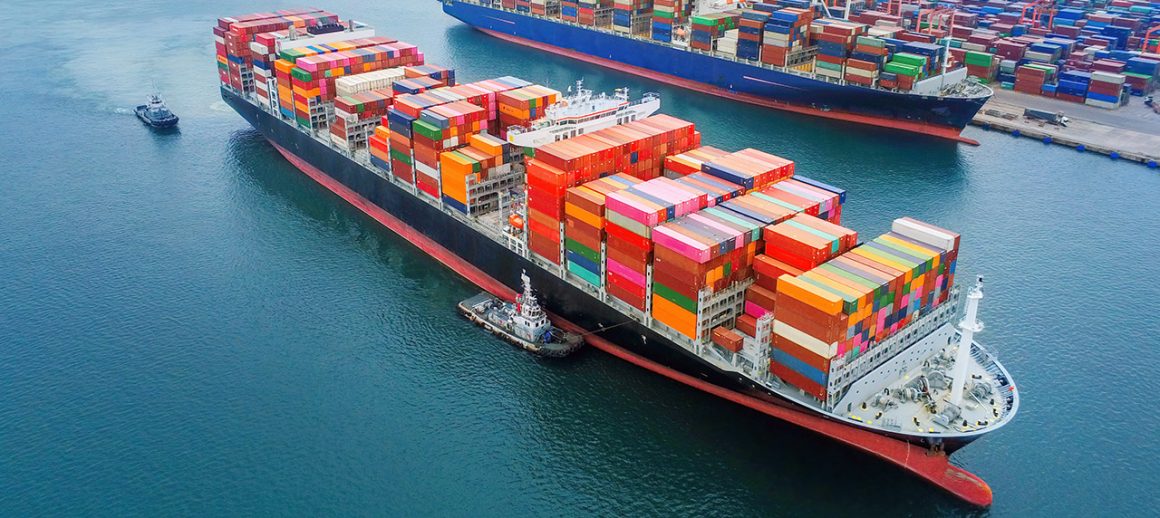 Container ship arriving at the port