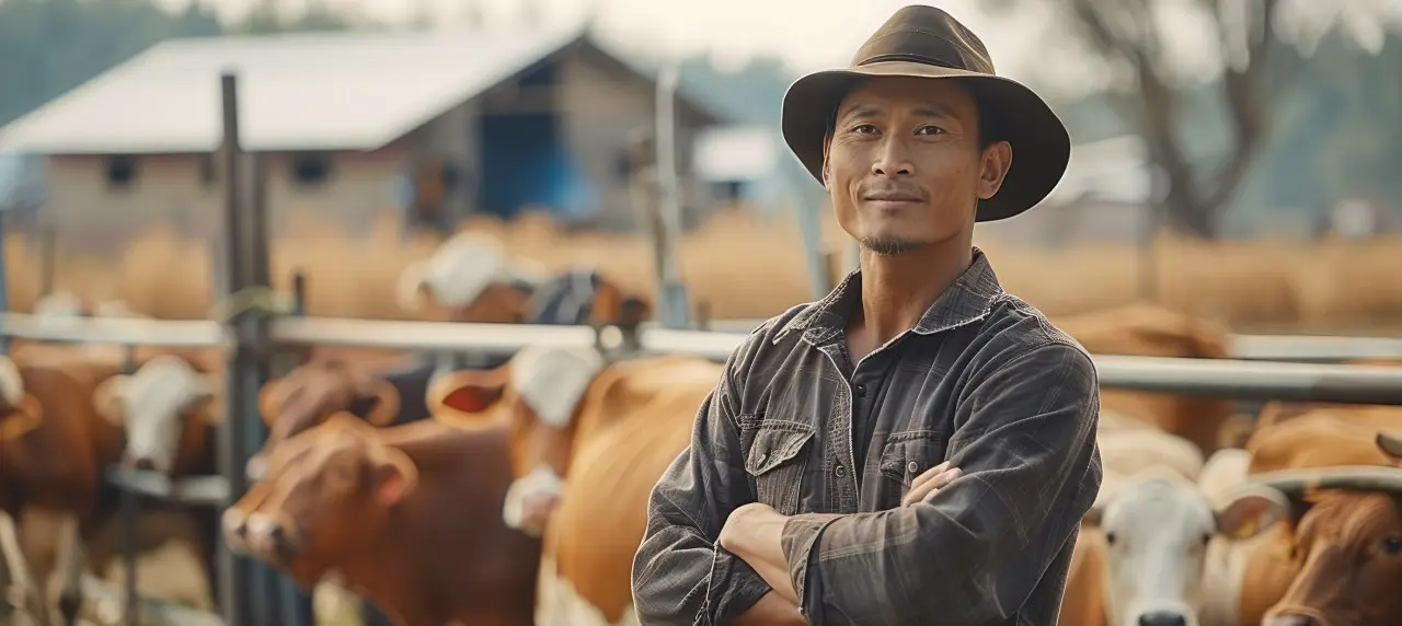 Farmer standing near the cattle pen with cows and smiling